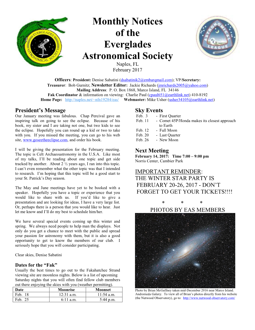 Monthly Notices of the Everglades Astronomical Society