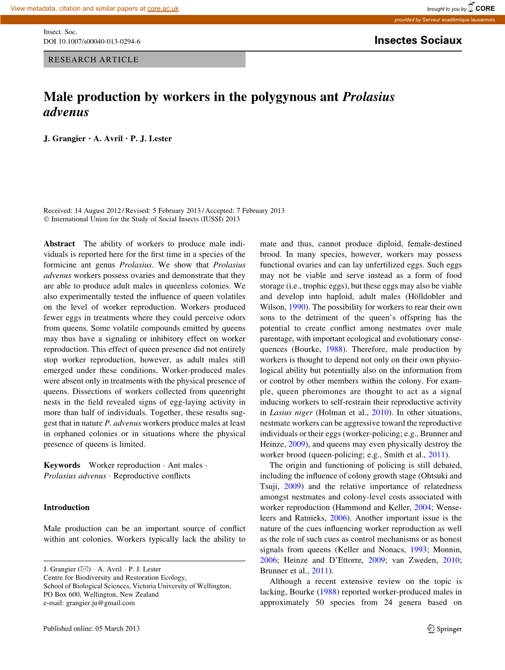 Male Production by Workers in the Polygynous Ant Prolasius Advenus