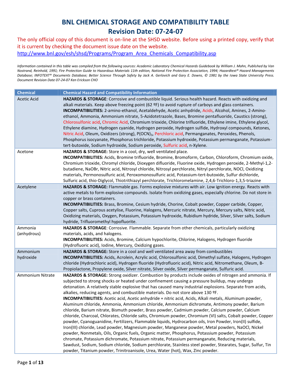 BNL CHEMICAL STORAGE and COMPATIBILITY TABLE Revision Date: 07-24-07 the Only Official Copy of This Document Is On-Line at the SHSD Website