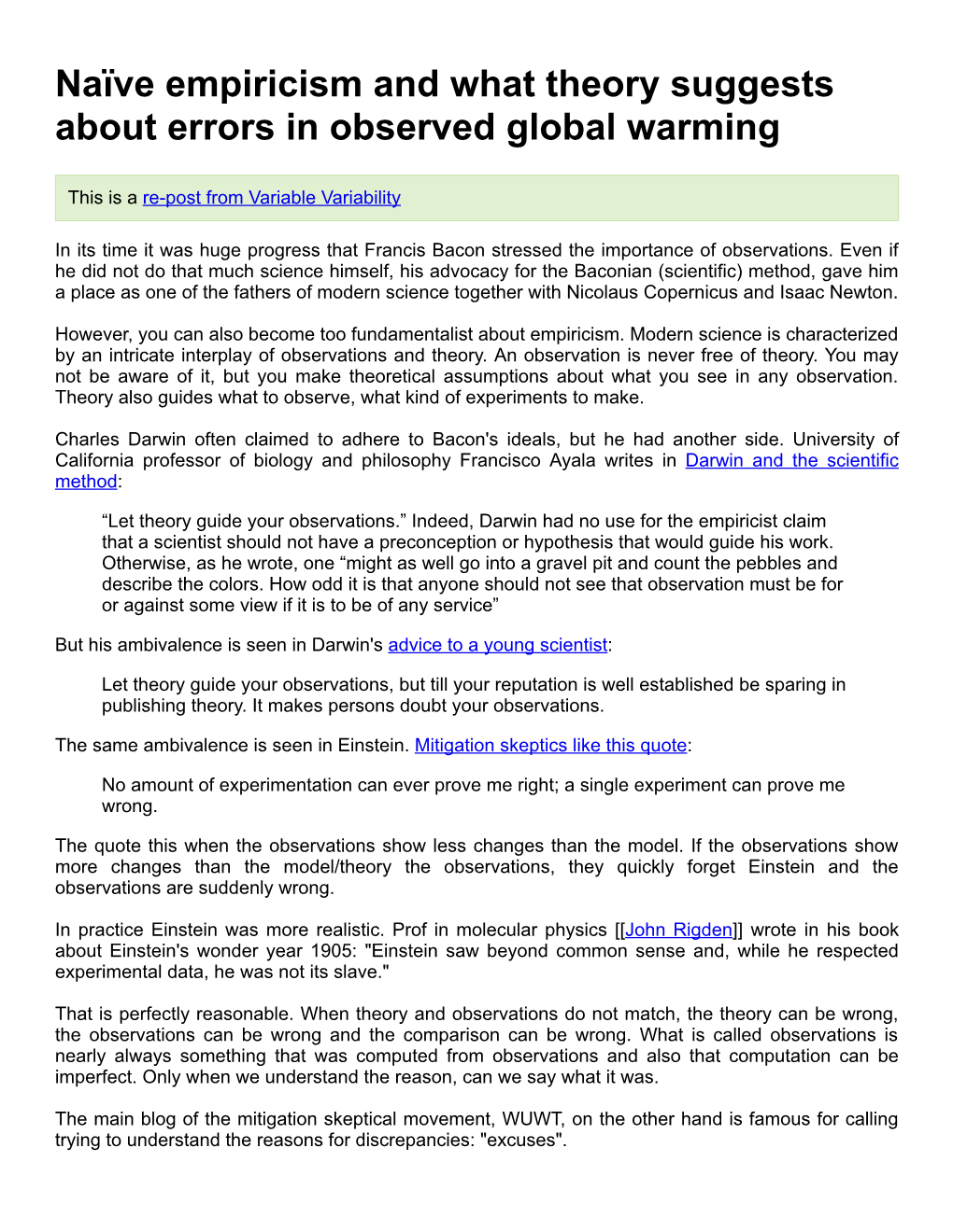 Naïve Empiricism and What Theory Suggests About Errors in Observed Global Warming