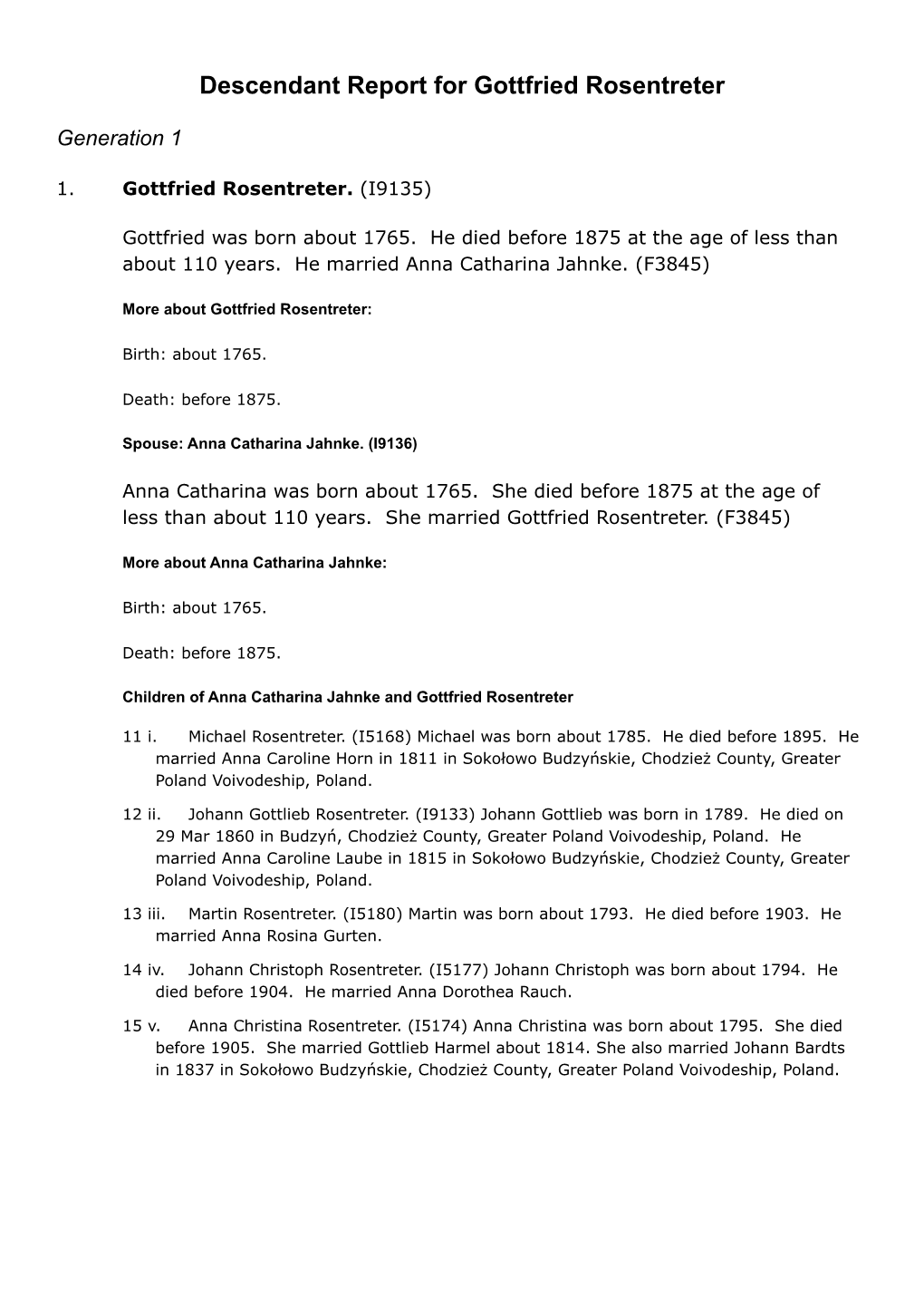 Descendant Report for Gottfried Rosentreter