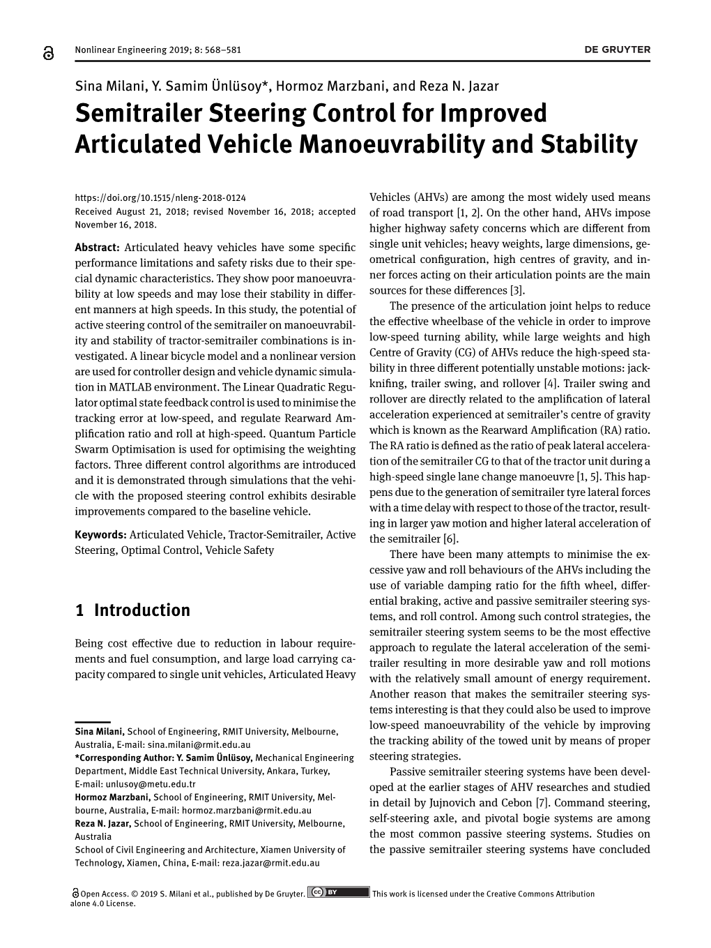 Semitrailer Steering Control for Improved Articulated Vehicle Manoeuvrability and Stability