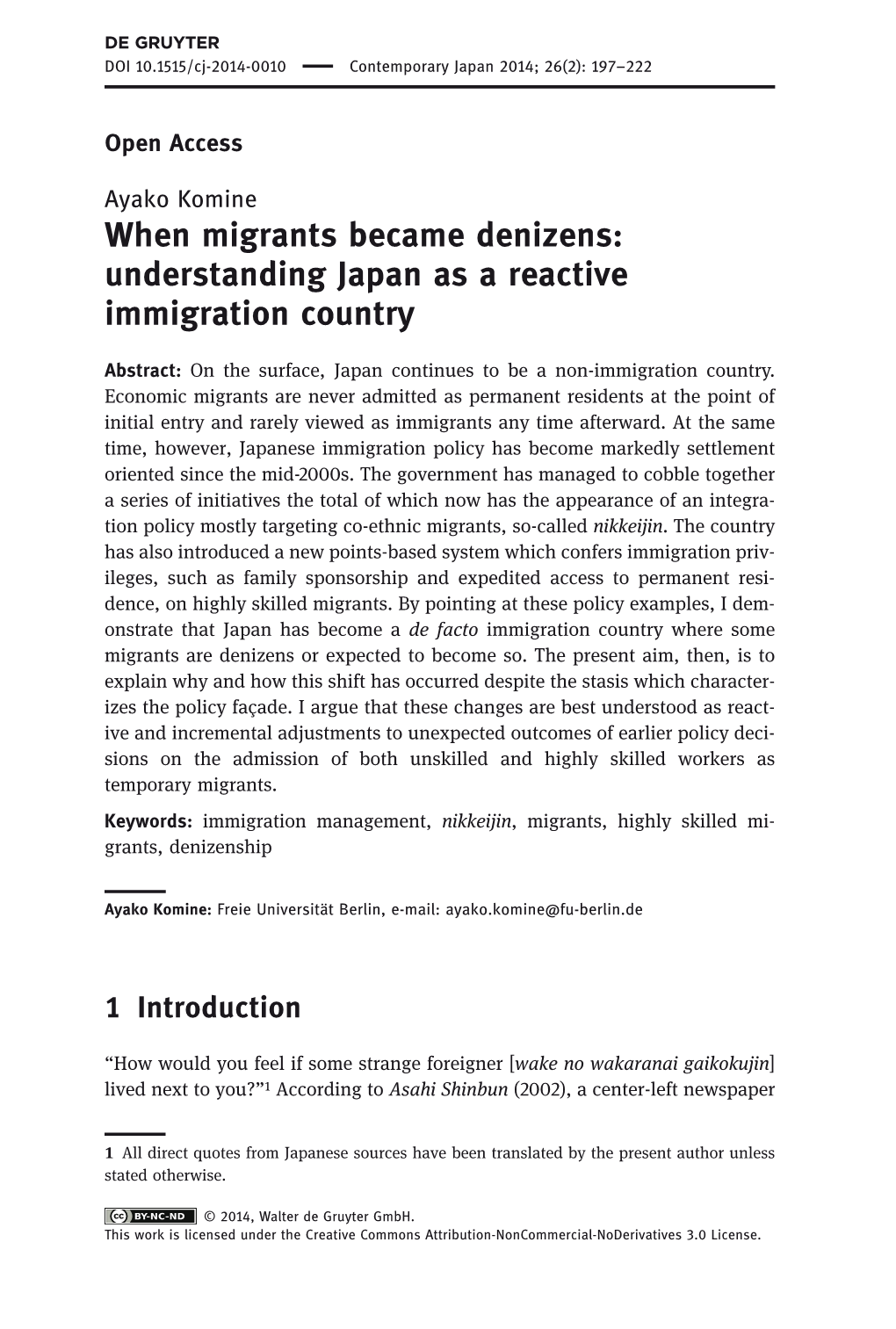 When Migrants Became Denizens: Understanding Japan As a Reactive Immigration Country