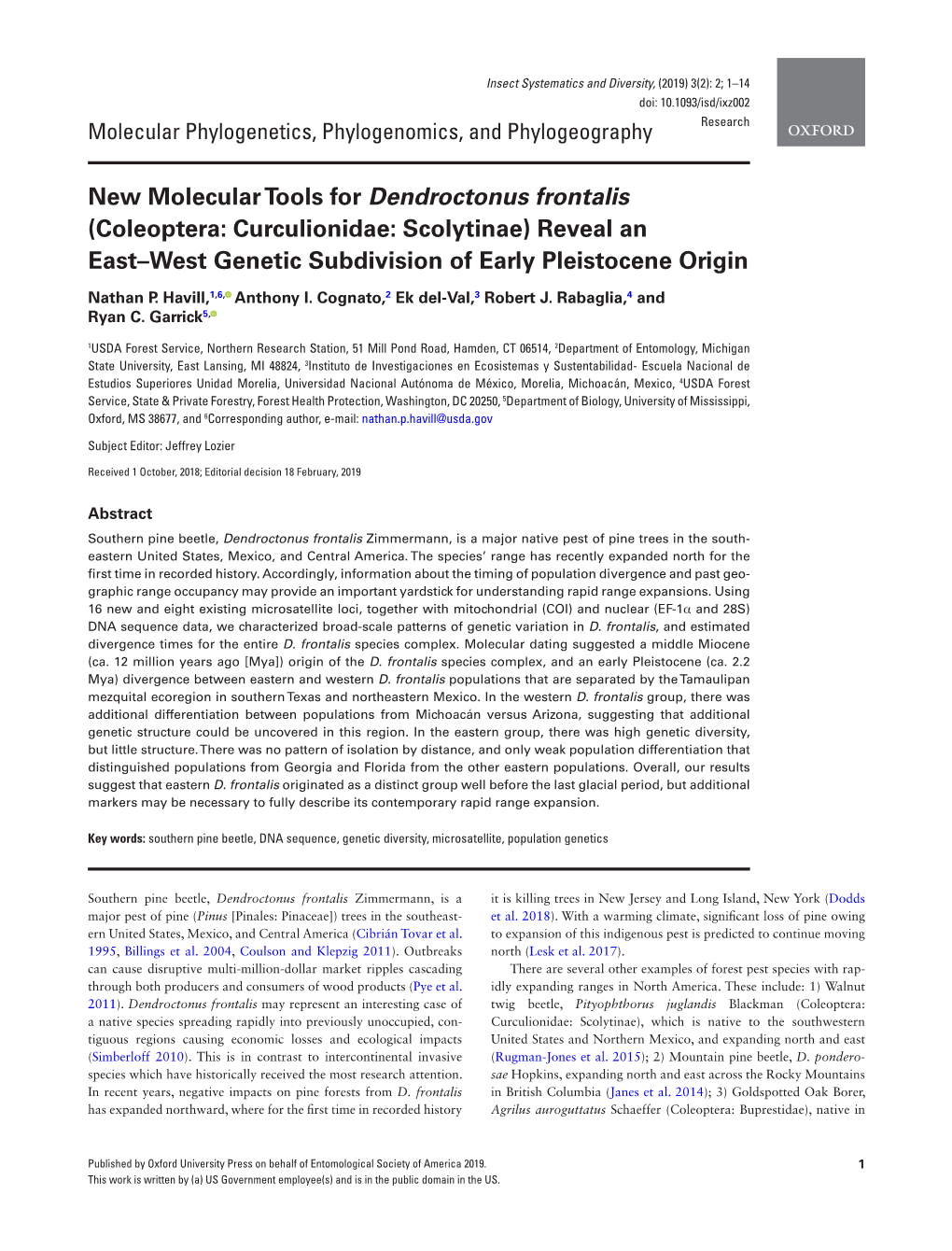 New Molecular Tools for Dendroctonus Frontalis (Coleoptera: Curculionidae: Scolytinae) Reveal an East–West Genetic Subdivision of Early Pleistocene Origin