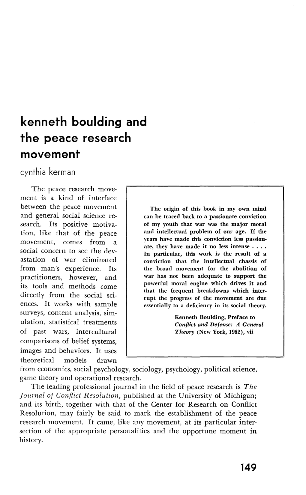 Kenneth Boulding and the Peace Research Movement Cynthia Kerman