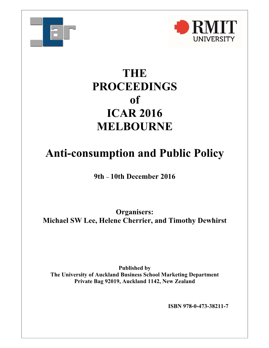 THE PROCEEDINGS of ICAR 2016 MELBOURNE Anti-Consumption