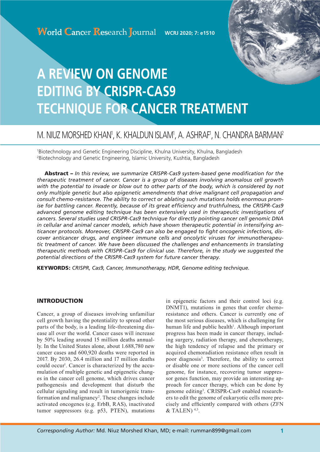 A Review on Genome Editing by Crispr-Cas9 Technique for Cancer Treatment