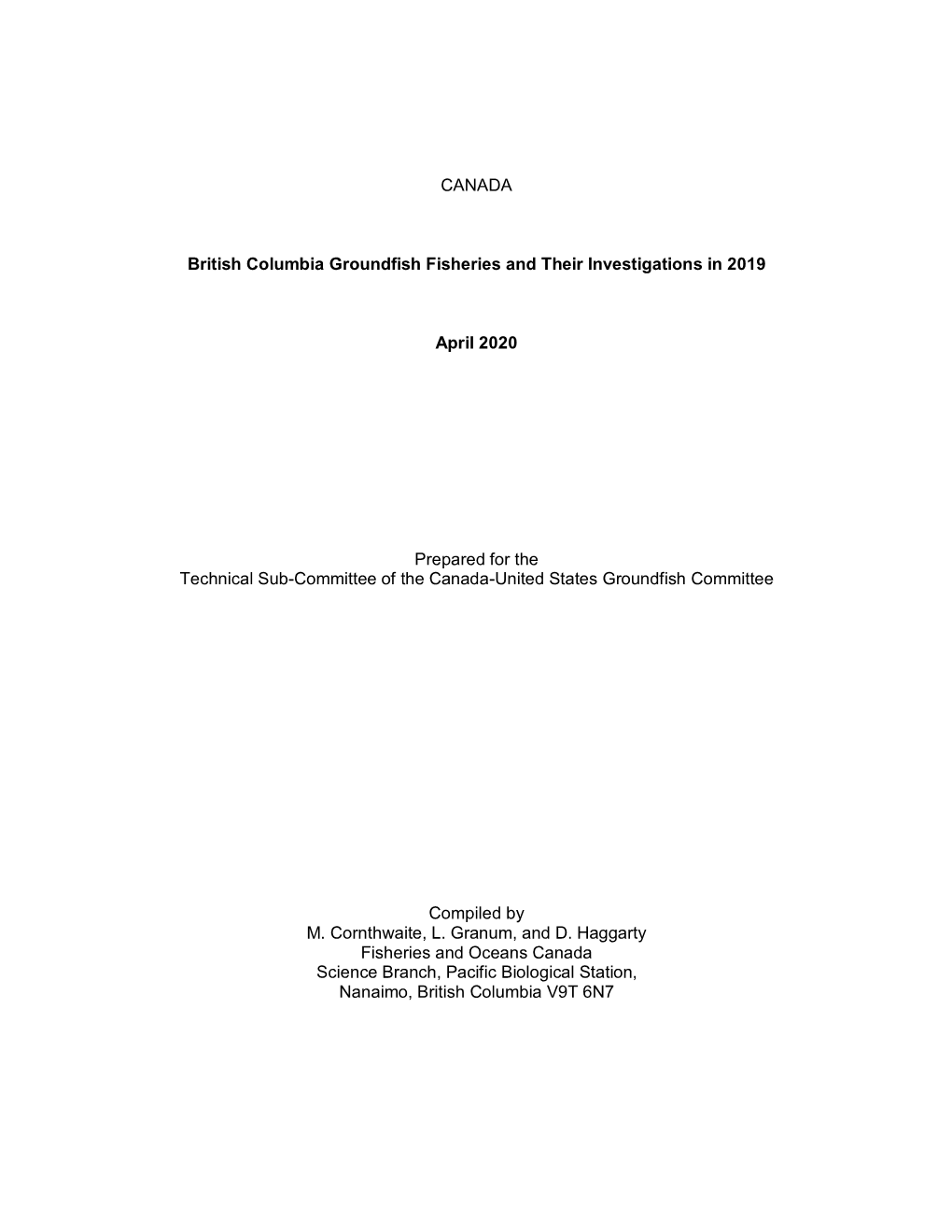 CANADA British Columbia Groundfish Fisheries and Their Investigations