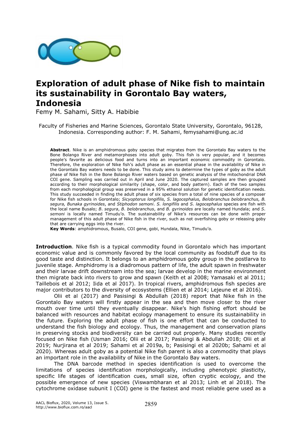 Sahami F. M., Habibie S. A., 2020 Exploration of Adult Phase of Nike Fish to Maintain Its Sustainability in Gorontalo Bay Waters, Indonesia
