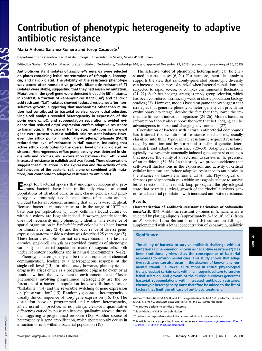 Contribution of Phenotypic Heterogeneity to Adaptive Antibiotic Resistance