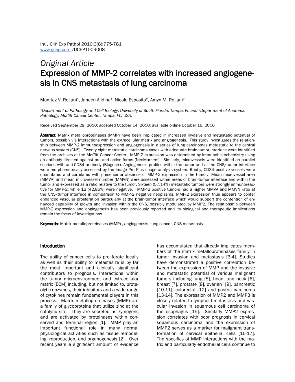 Original Article Expression of MMP-2 Correlates with Increased Angiogene- Sis in CNS Metastasis of Lung Carcinoma