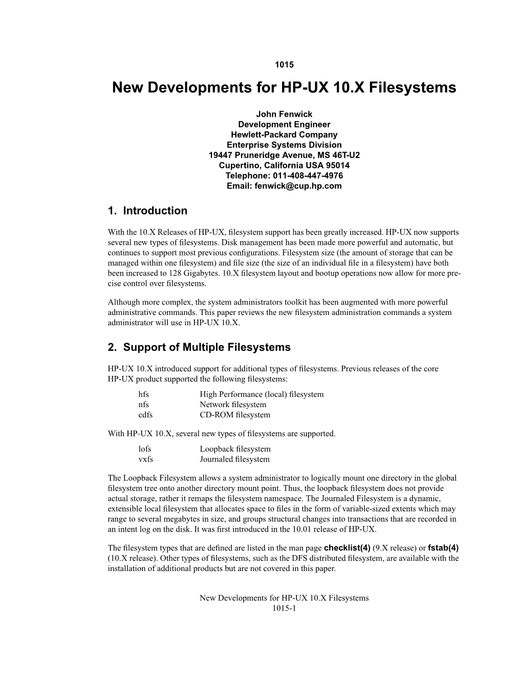 New Developments for HP-UX 10.X Filesystems