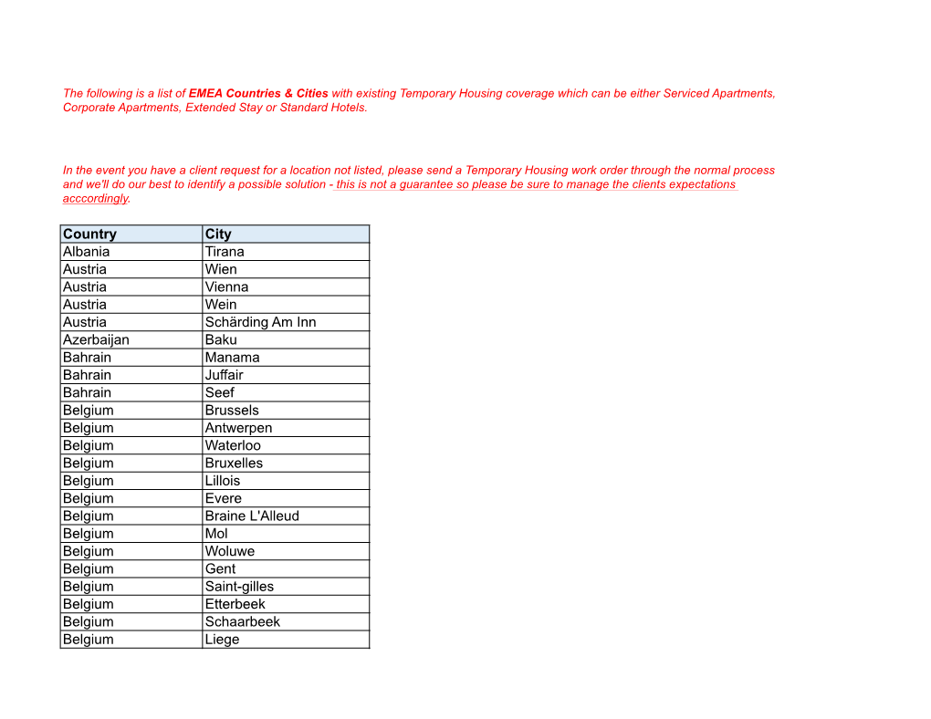 EMEA Countries & Cities with Existing Temporary Housing Coverage Which Can Be Either Serviced Apartments, Corporate Apartments, Extended Stay Or Standard Hotels