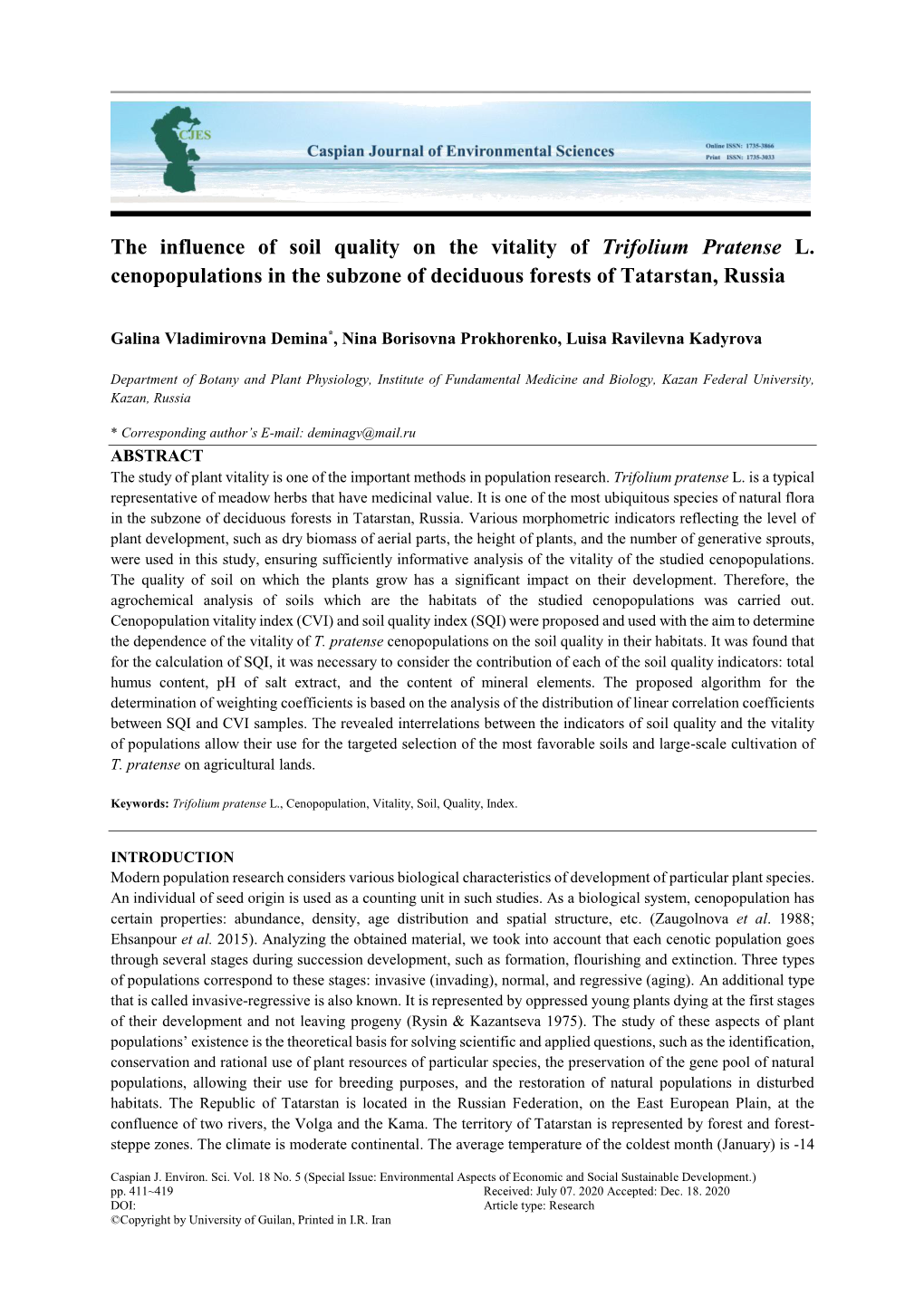 The Influence of Soil Quality on the Vitality of Trifolium Pratense L