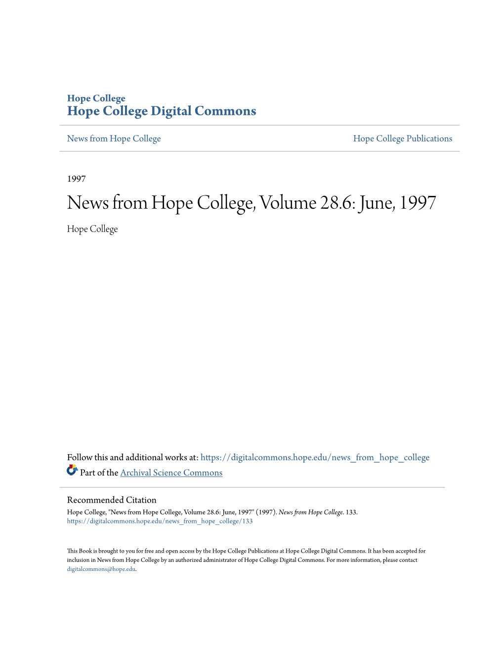 News from Hope College, Volume 28.6: June, 1997 Hope College