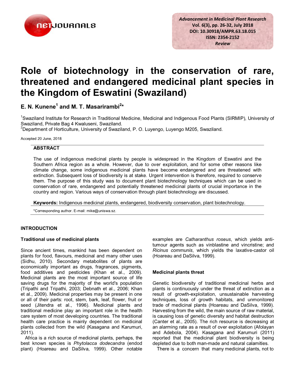 Role of Biotechnology in the Conservation of Rare, Threatened and Endangered Medicinal Plant Species in the Kingdom of Eswatini (Swaziland)