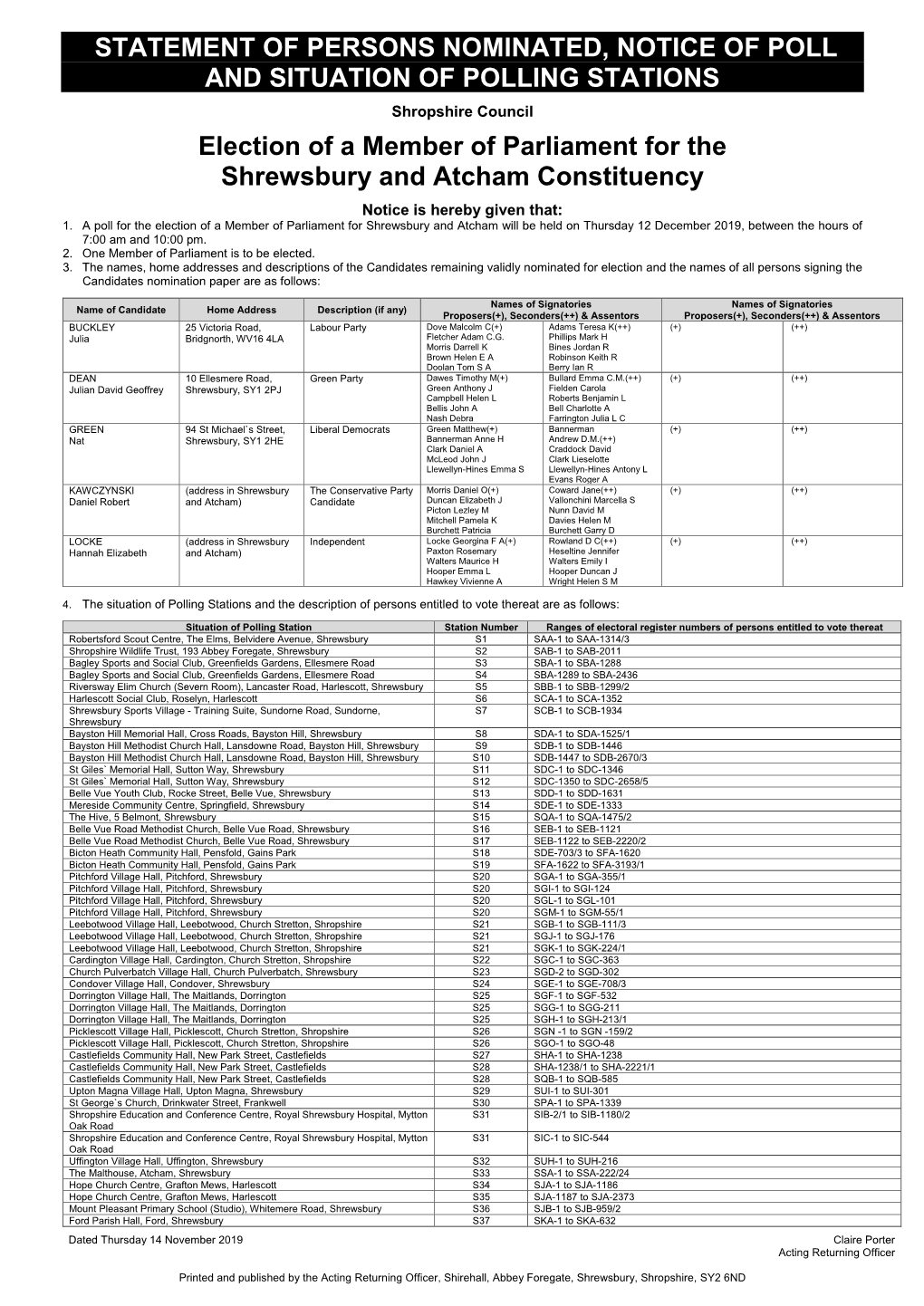 Statement of Persons Nominated & Notice of Poll