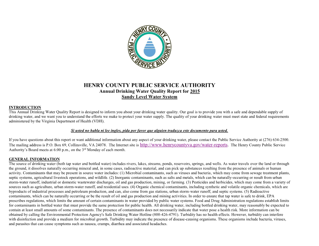 HENRY COUNTY PUBLIC SERVICE AUTHORITY Annual Drinking Water Quality Report for 2015 Sandy Level Water System