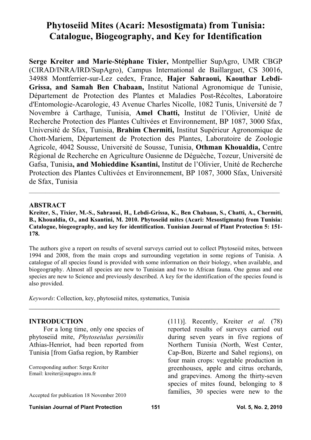 Phytoseiid Mites (Acari: Mesostigmata) from Tunisia: Catalogue, Biogeography, and Key for Identification