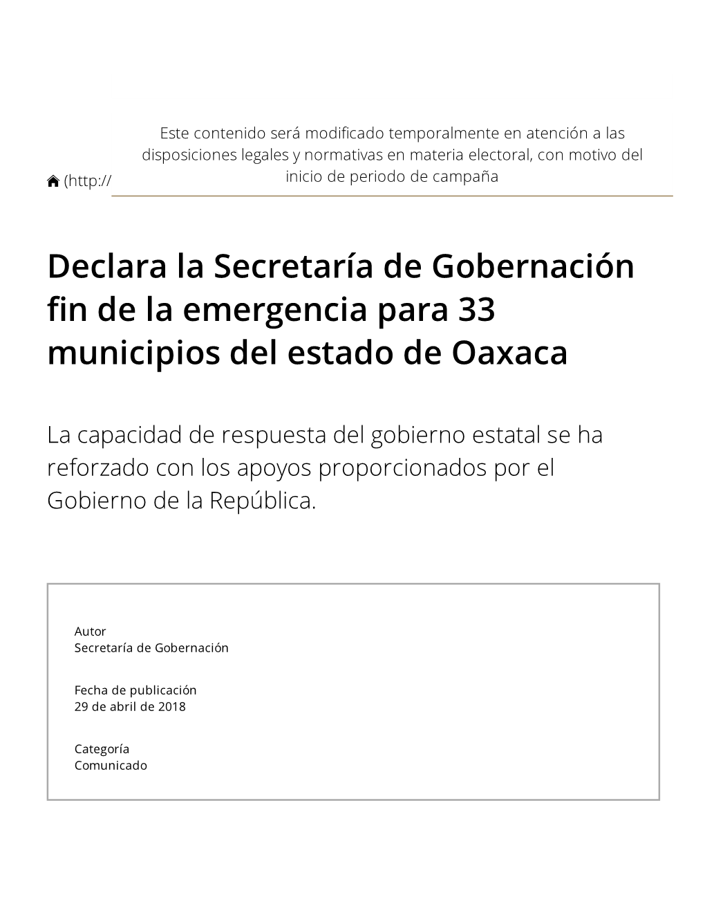 Declara La Secretaría De Gobernación N De La Emergencia Para 33