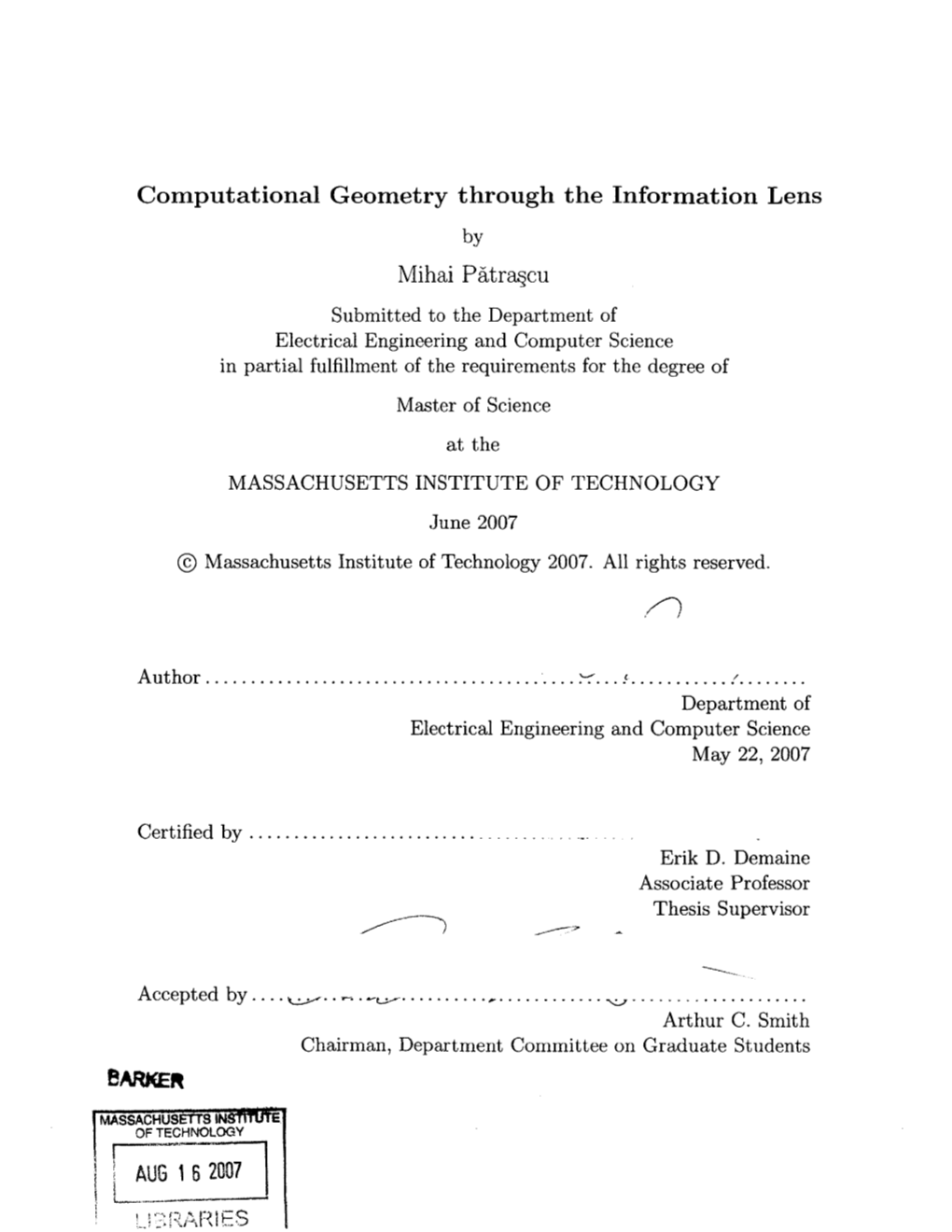 Computational Geometry Through the Information Lens Mihai Pdtracu