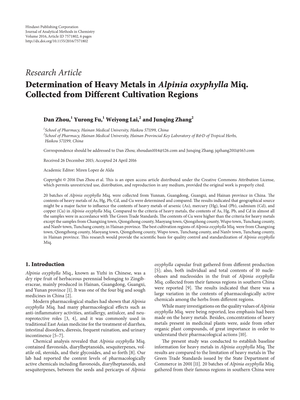 Determination of Heavy Metals in Alpinia Oxyphylla Miq. Collected from Different Cultivation Regions