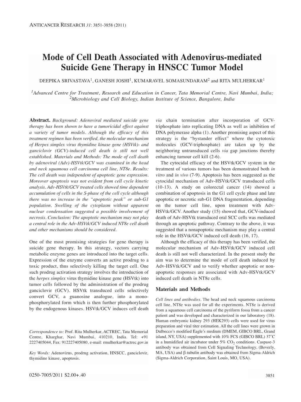 Mode of Cell Death Associated with Adenovirus-Mediated Suicide Gene Therapy in HNSCC Tumor Model