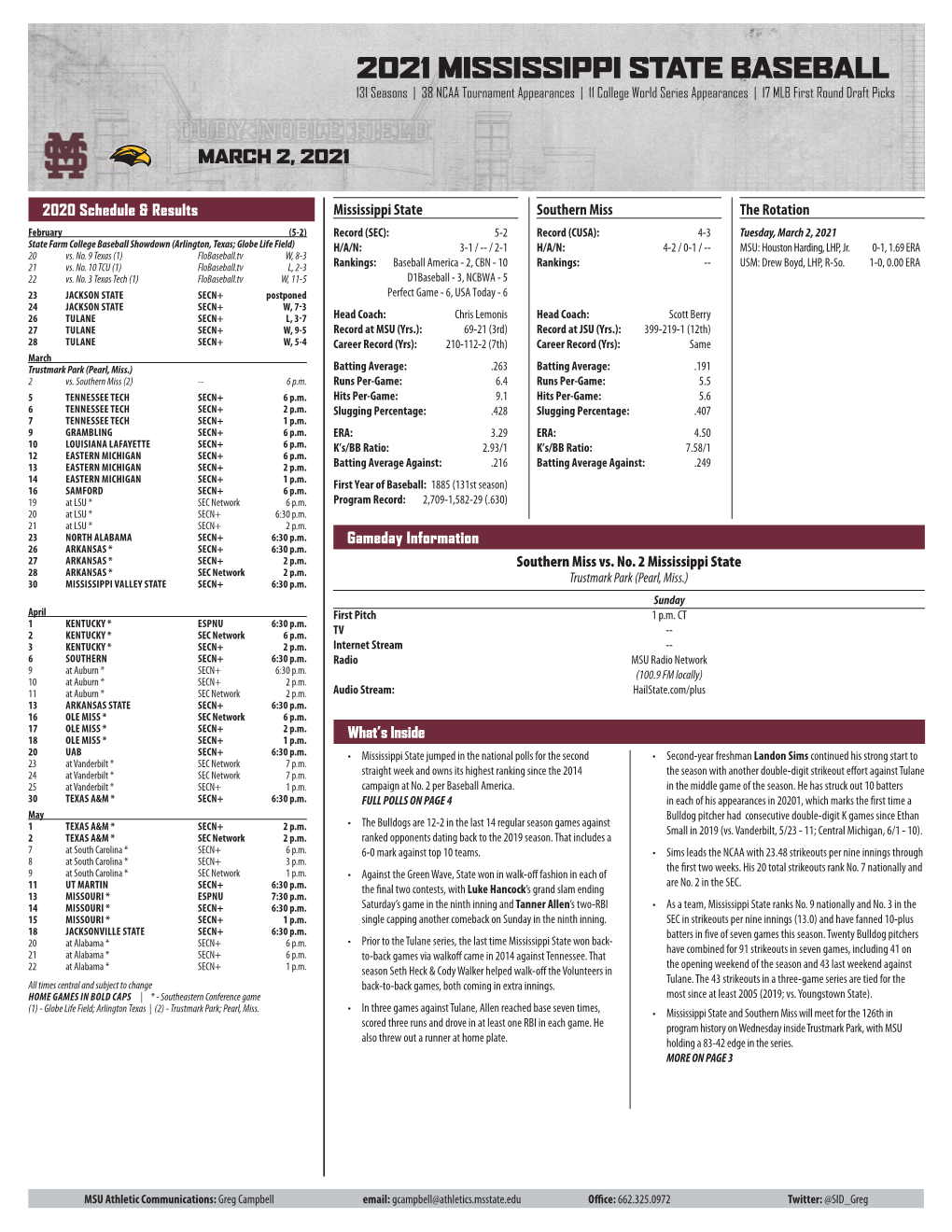 2021 MISSISSIPPI STATE BASEBALL 131 Seasons | 38 NCAA Tournament Appearances | 11 College World Series Appearances | 17 MLB First Round Draft Picks