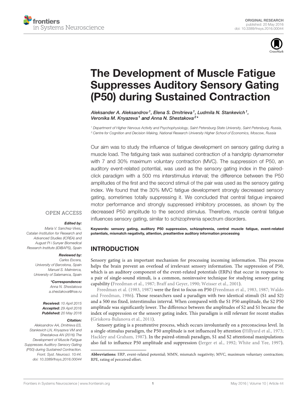 The Development of Muscle Fatigue Suppresses Auditory Sensory Gating (P50) During Sustained Contraction