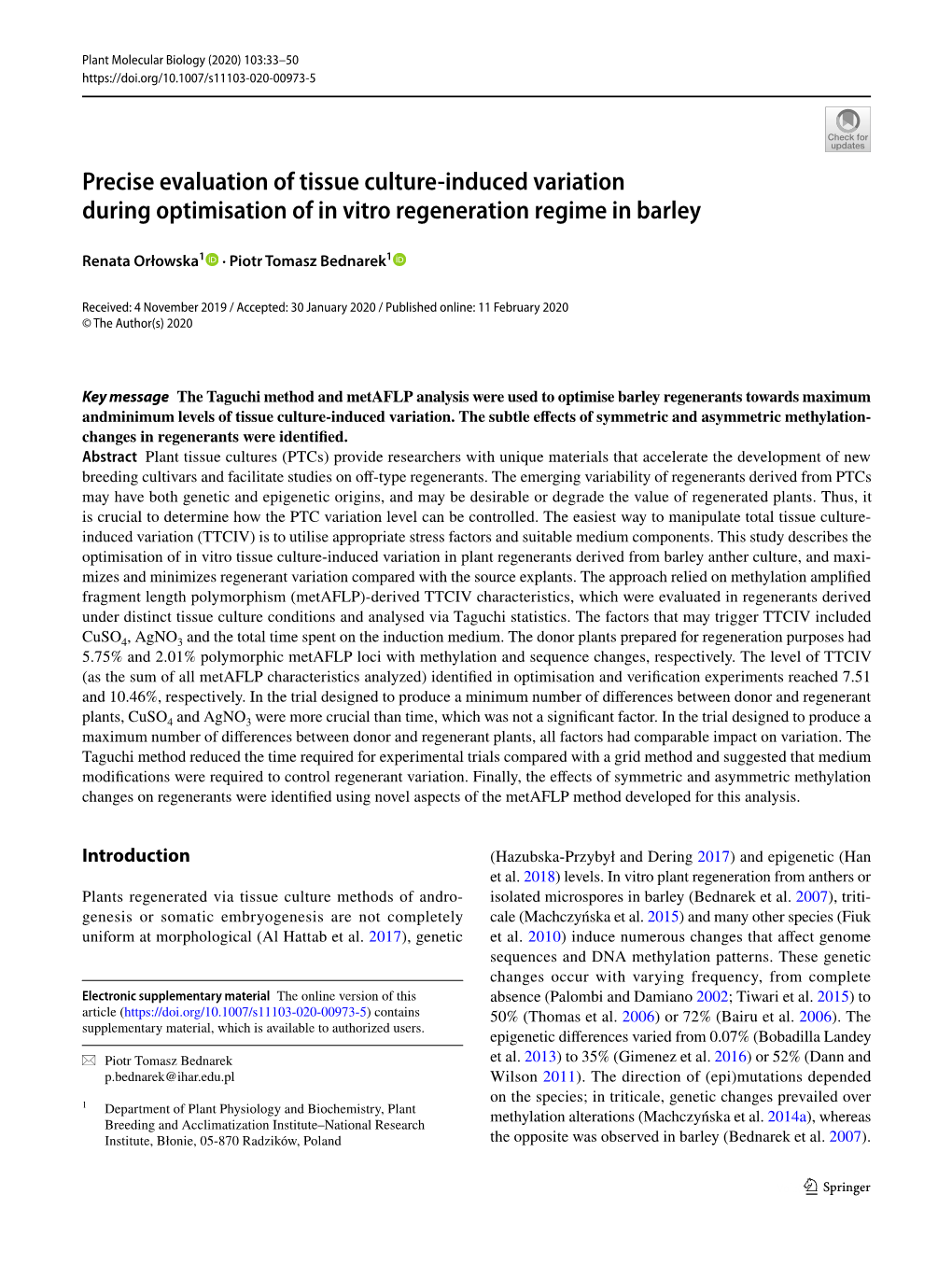 Precise Evaluation of Tissue Culture-Induced Variation During Optimisation of in Vitro Regeneration Regime in Barley
