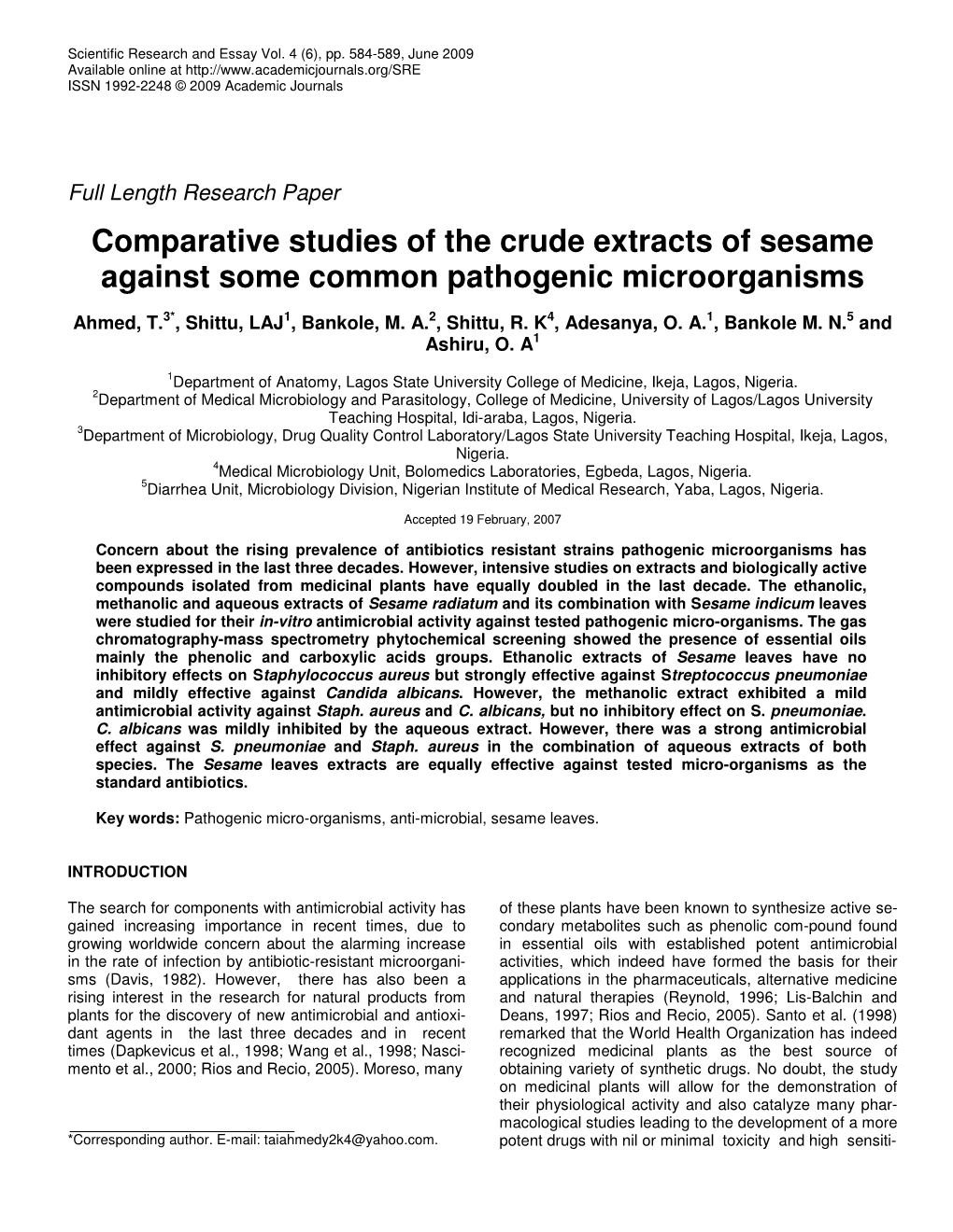 Comparative Studies of the Crude Extracts of Sesame Against Some Common Pathogenic Microorganisms