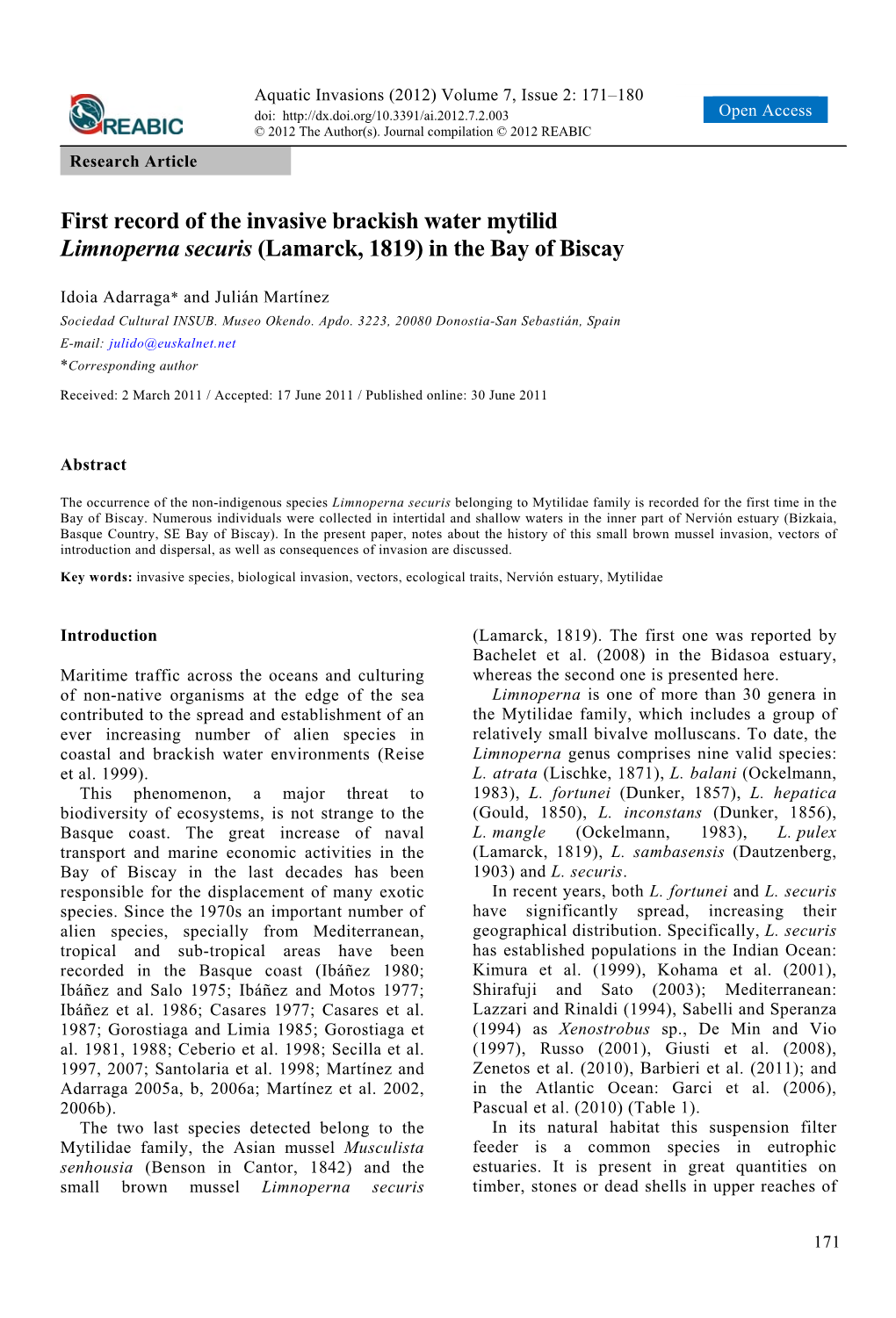 First Record of the Invasive Brackish Water Mytilid Limnoperna Securis (Lamarck, 1819) in the Bay of Biscay