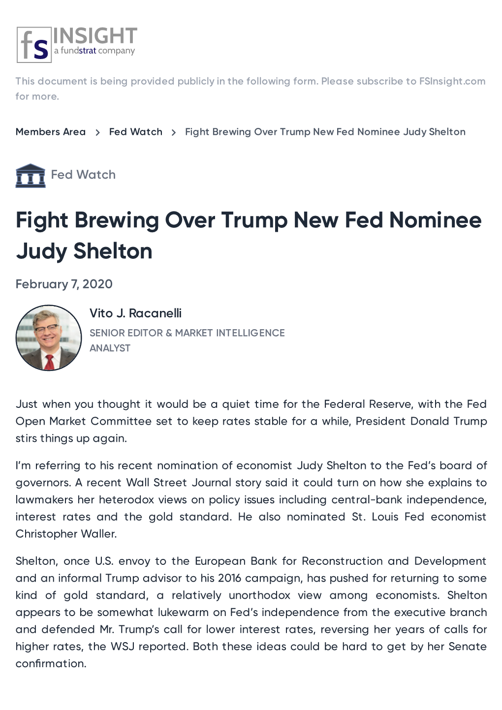 Fight Brewing Over Trump New Fed Nominee Judy Shelton