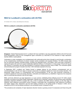 NDA for Lundbeck's Vortioxetine with US FDA