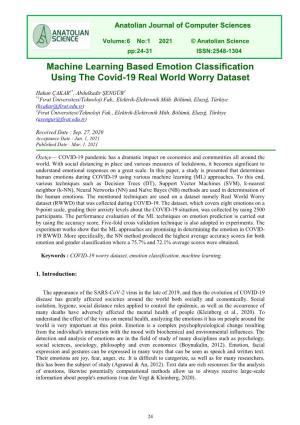 Machine Learning Based Emotion Classification Using the Covid-19 Real World Worry Dataset