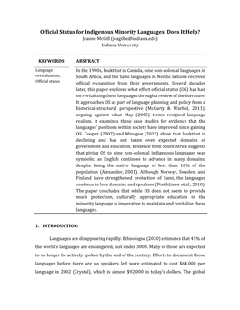 Official Status for Indigenous Minority Languages: Does It Help? Jeanne Mcgill (Jeagilbe@Indiana.Edu) Indiana University