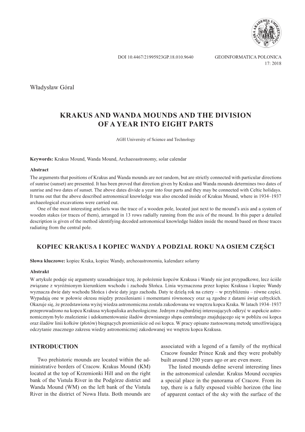 Krakus and Wanda Mounds and the Division of a Year Into Eight Parts