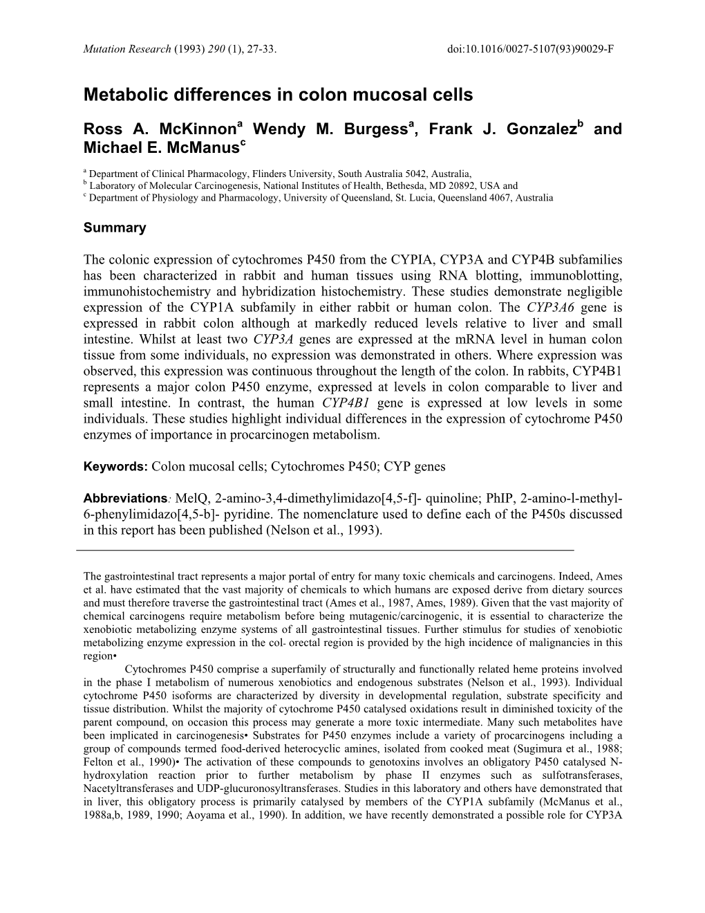 Metabolic Differences in Colon Mucosal Cells