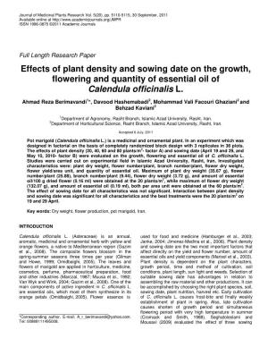 Effects of Plant Density and Sowing Date on the Growth, Flowering and Quantity of Essential Oil of Calendula Officinalis L