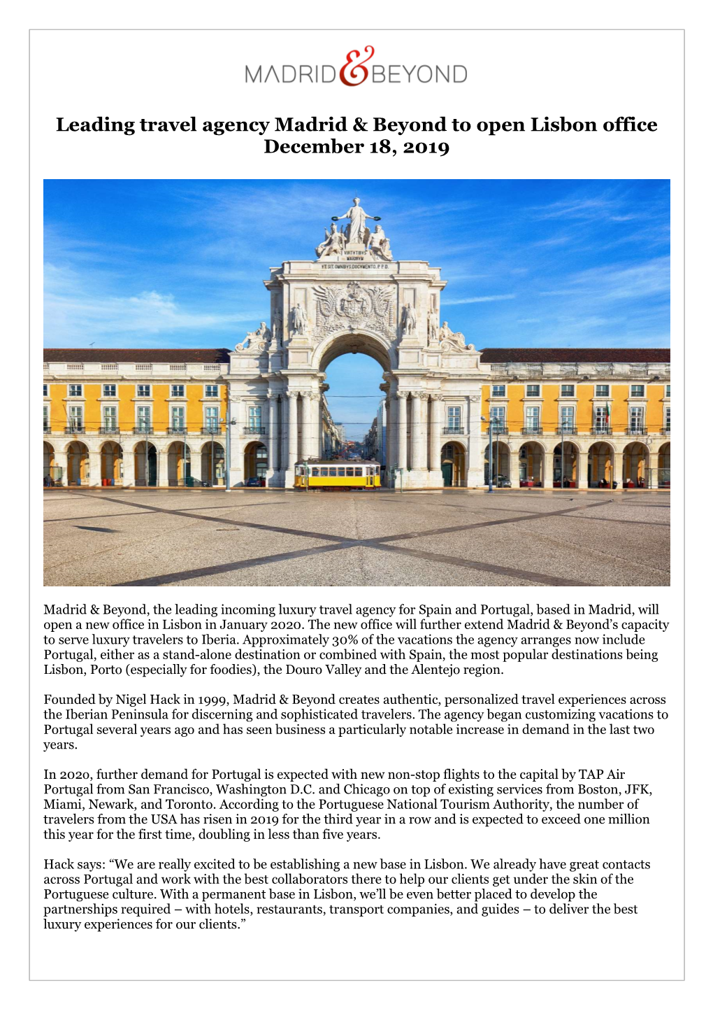 Leading Travel Agency Madrid & Beyond to Open Lisbon Office December 18, 2019