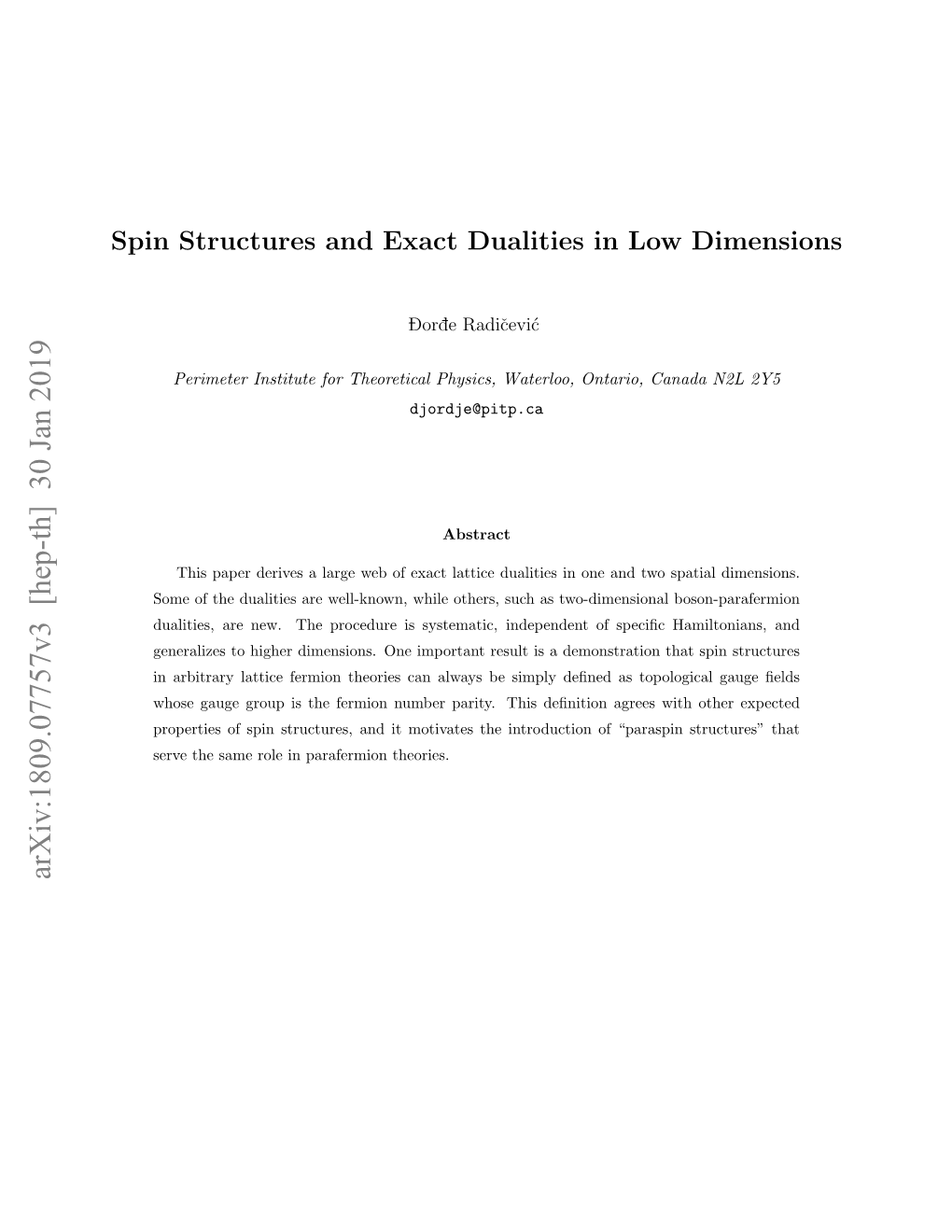 Spin Structures and Exact Dualities in Low Dimensions