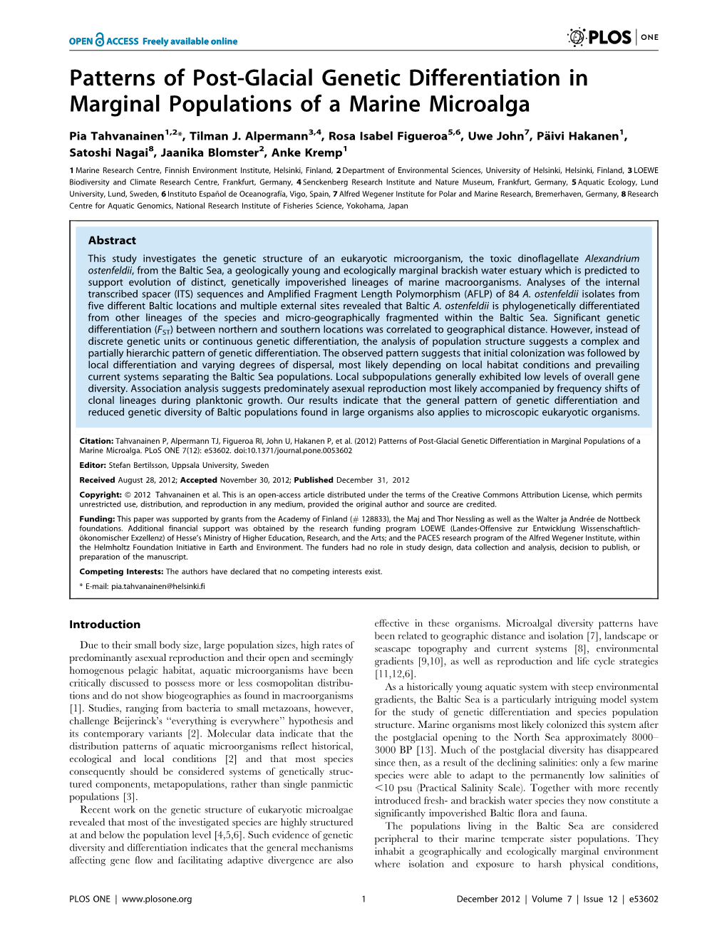 Patterns of Post-Glacial Genetic Differentiation in Marginal Populations of a Marine Microalga