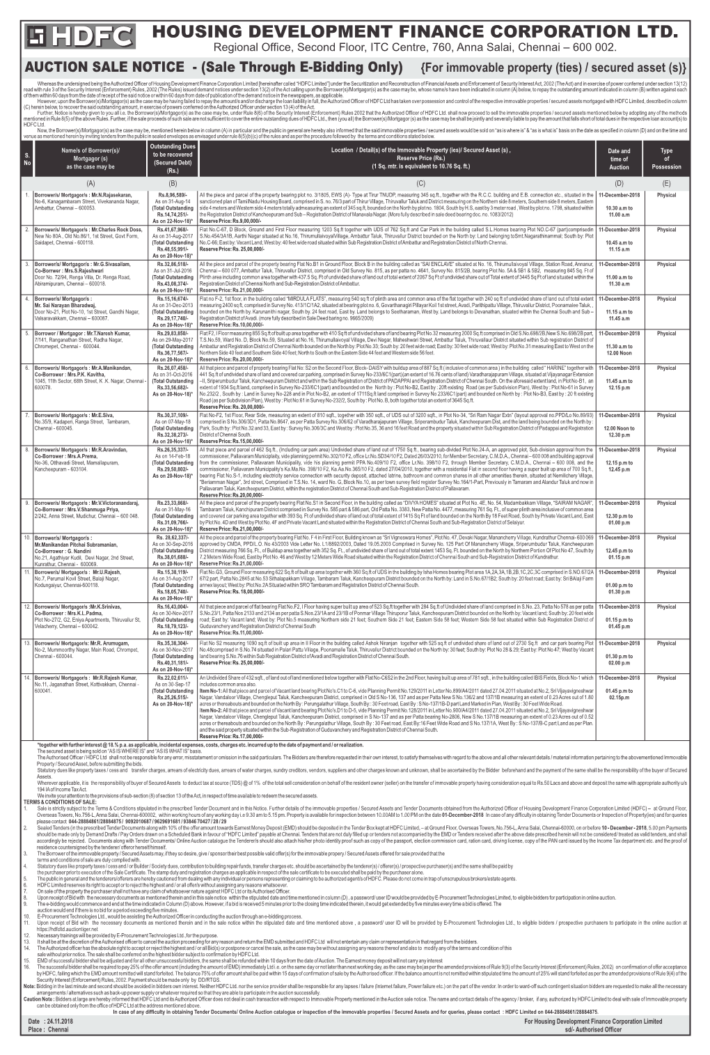 HOUSING DEVELOPMENT FINANCE CORPORATION LTD. Regional Office, Second Floor, ITC Centre, 760, Anna Salai, Chennai – 600 002