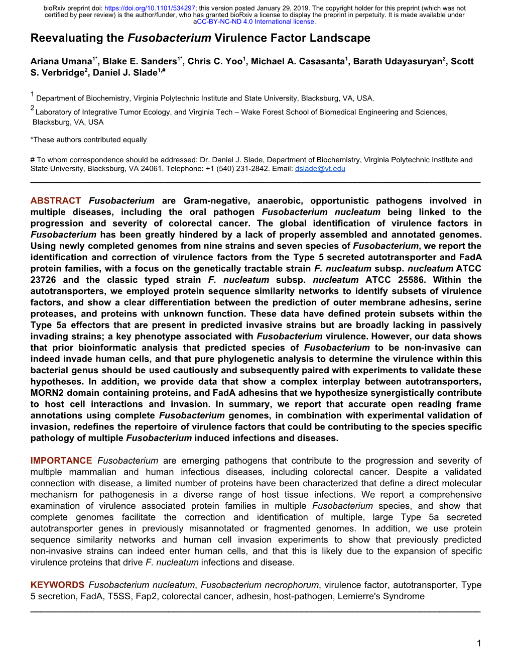 Reevaluating the Fusobacterium Virulence Factor Landscape ​ ​ 1* 1* 1 1 2 Ariana Umana ,​ Blake E