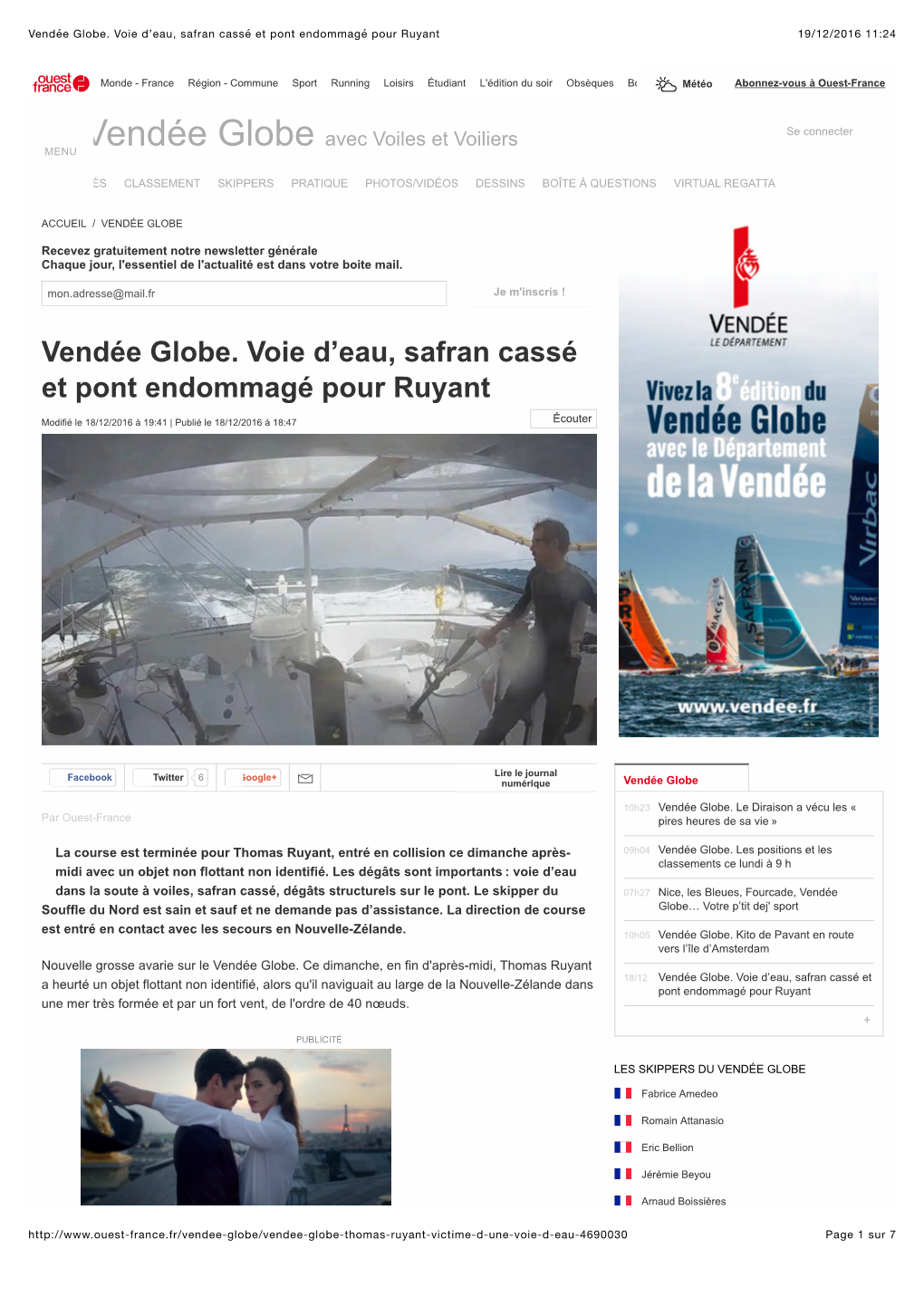 Vendée Globe. Voie D'eau, Safran Cassé Et Pont Endommagé Pour