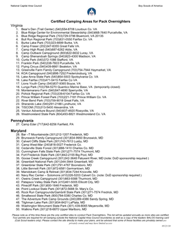 Certified Camping Areas for Pack Overnighters Virginia Pennsylvania