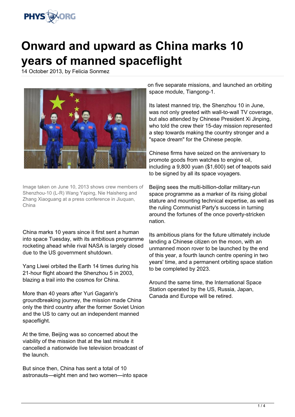 Onward and Upward As China Marks 10 Years of Manned Spaceflight 14 October 2013, by Felicia Sonmez