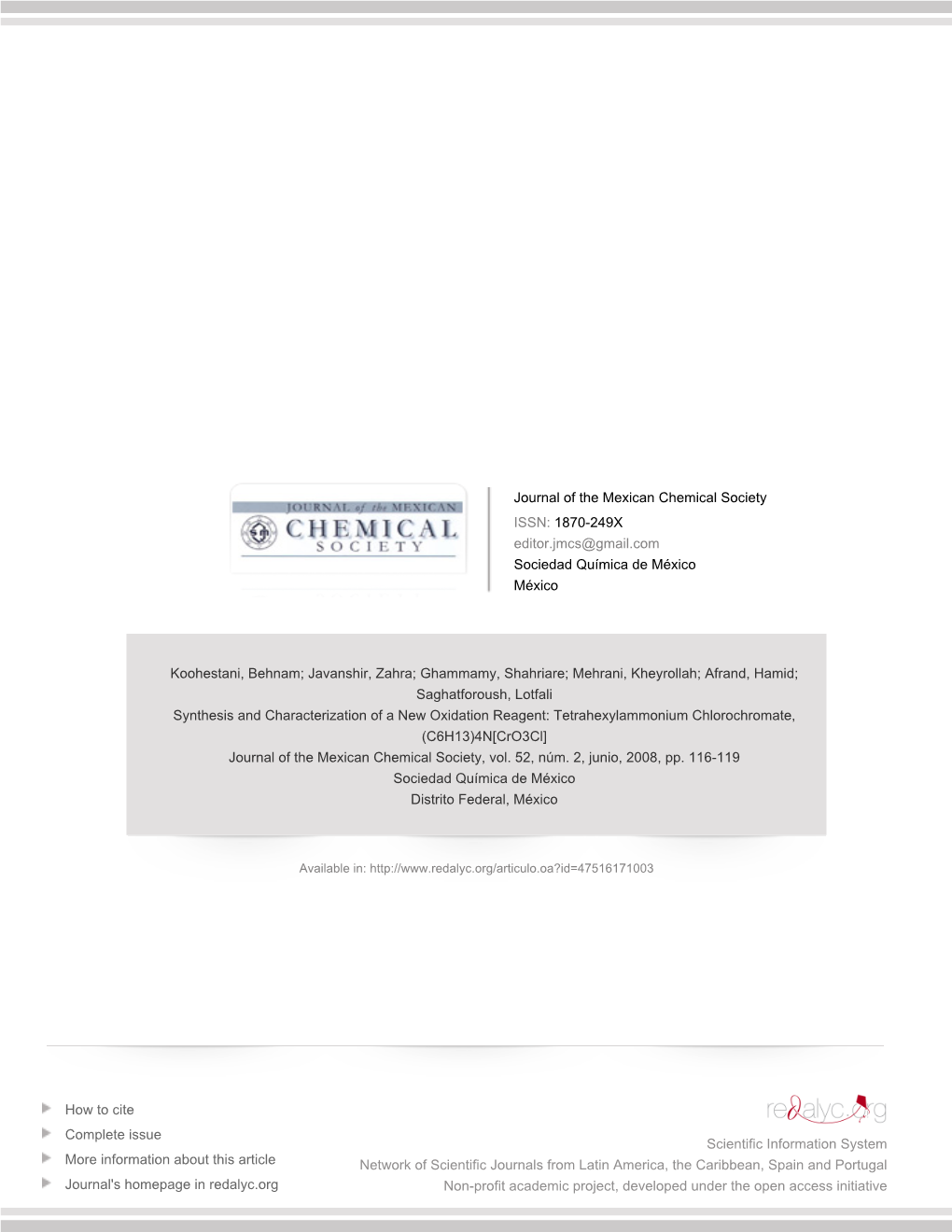 Tetrahexylammonium Chlorochromate, (C6H13)4N[Cro3cl] Journal of the Mexican Chemical Society, Vol