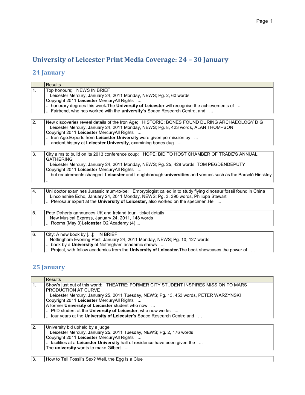 University of Leicester Print Media Coverage: 24 – 30 January 24 January