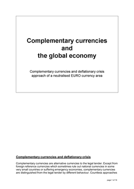 Complementary Currencies and the Global Economy? Peter Brass